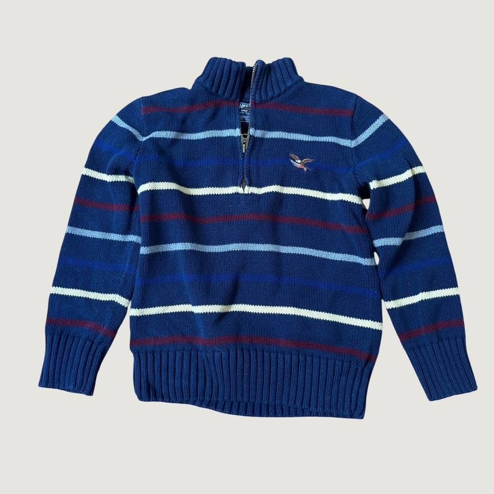 American Living Quarter Zip Sweater Boys Blue Striped Eagle Logo SIZE 7